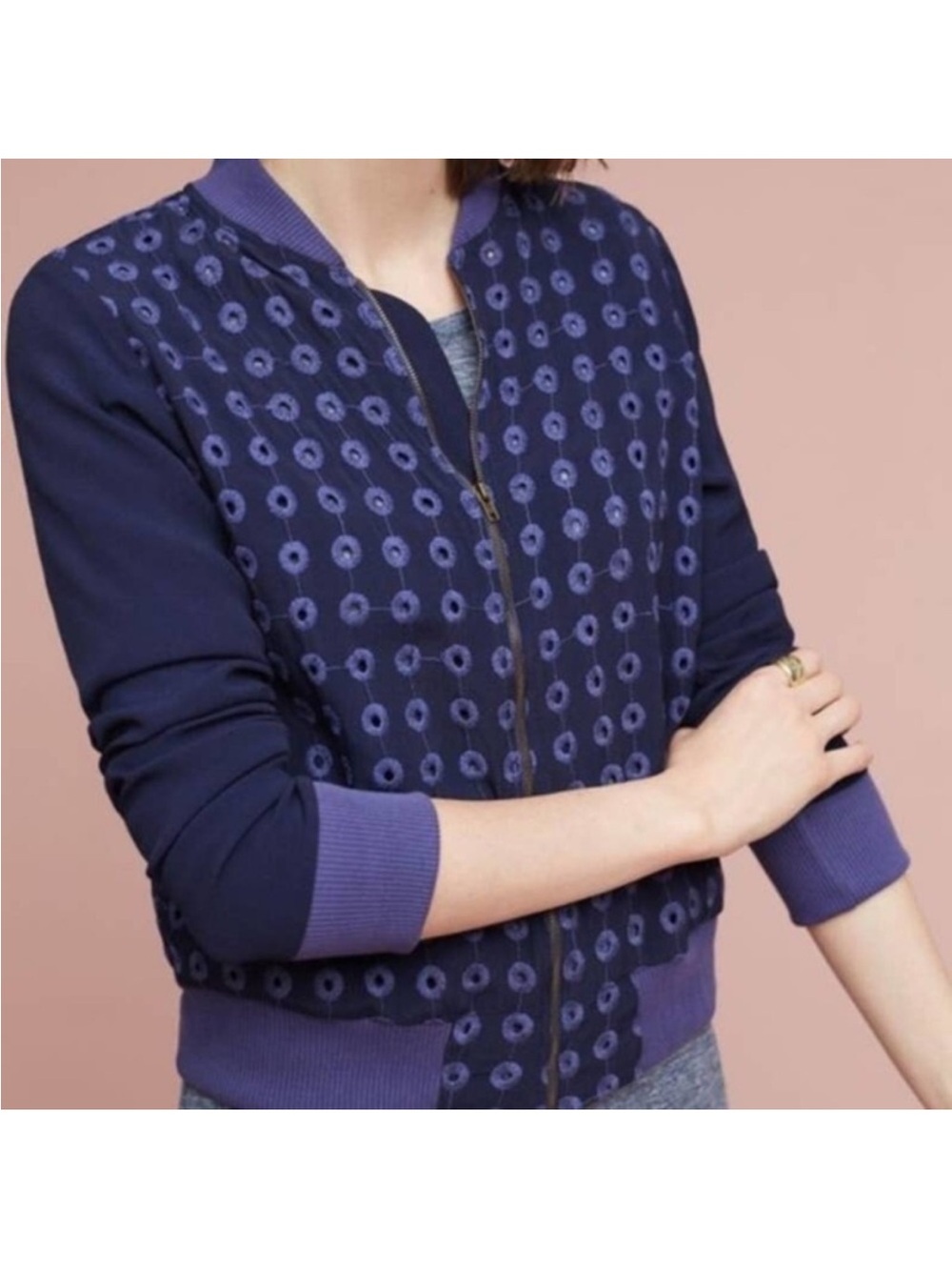 AMADI Anthropologie Embroidered Bomber Jacket Women’s XL Blue Purple Made in USA
